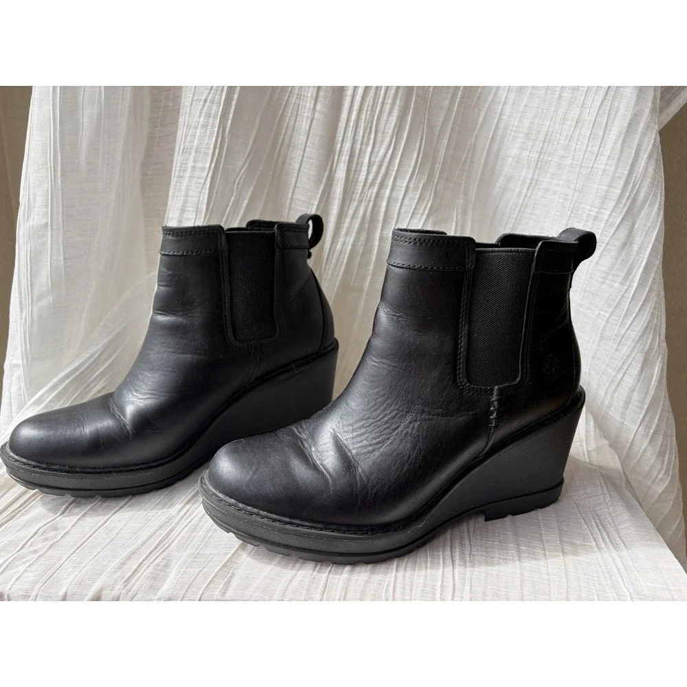 Timberland Defender Women's Black Leather Chelsea Ankle Wedge Boots US 8.5